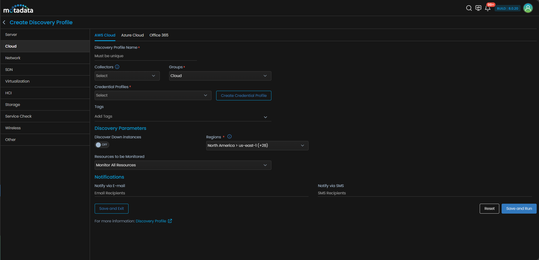 Discovery Profile form with Cloud category selected